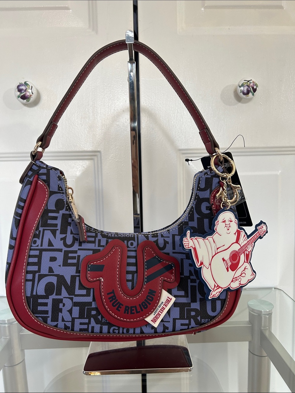 True Religion Navy Logo Shoulder Bag with Maroon Trim